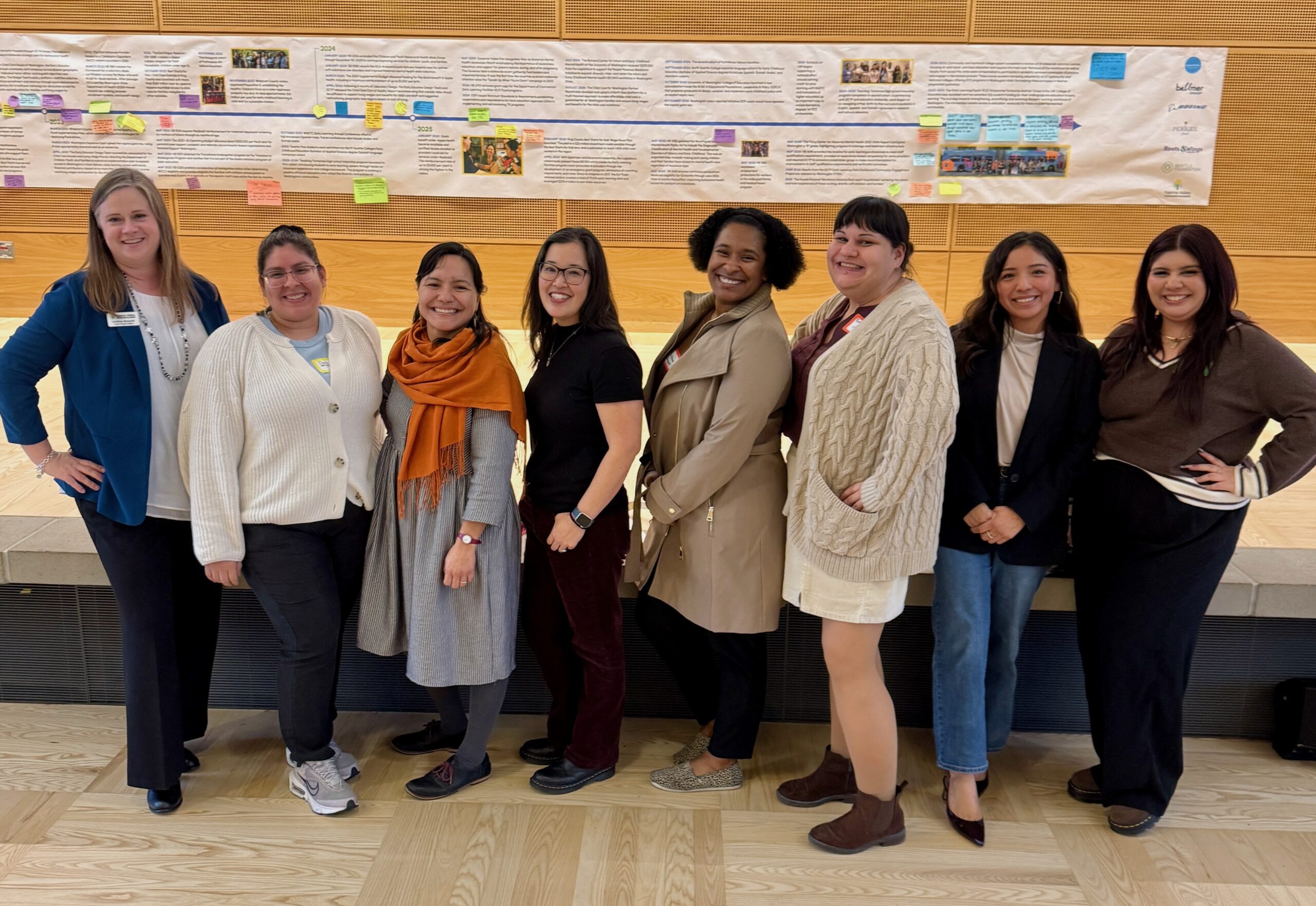 Pathwaves Fellows, staff, placement site supervisors, and community members stand smiling in front of a timeline