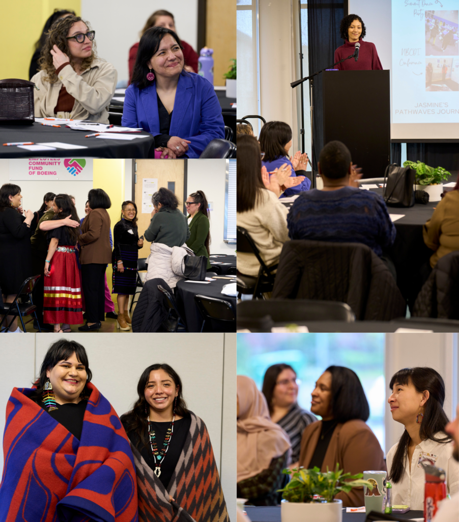 A photo collage of guests and Fellows at the Celebration lunch. Guests are seen smiling and watching the presentations, smiling and hugging one another, and one Fellow is picture sharing their presentation on stage